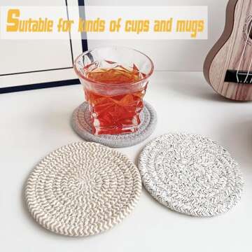 Valdivia Boho Drink Coasters with Storage Basket, Handmade Woven Cotton Absorbent Coaster Set, Minim...
