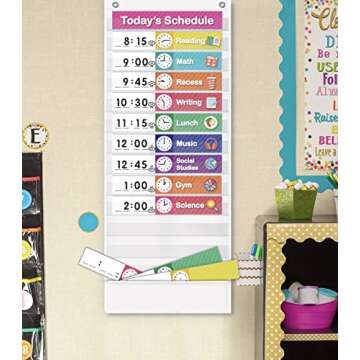 Eamay Daily Schedule Pocket Charts, Teaching Scheduling Pocket Chart, Hoom, Eamay Daily Scheduling Pocket Chart, Pocket Chart with 13+1 Pockets, 18pcs Dry Erase Cards and 2 Hooks (White)