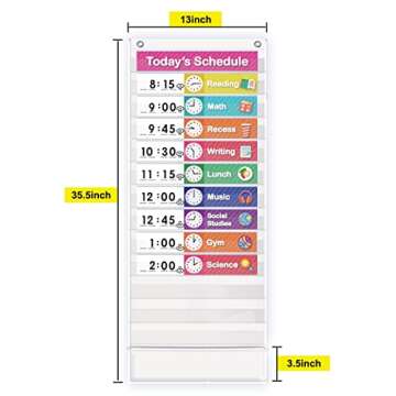Eamay Daily Schedule Pocket Charts, Teaching Scheduling Pocket Chart, Hoom, Eamay Daily Scheduling Pocket Chart, Pocket Chart with 13+1 Pockets, 18pcs Dry Erase Cards and 2 Hooks (White)