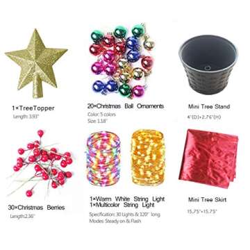 24 Inch Tabletop Christmas Tree, Artificial Mini Xmas Pine Tree with LED String Lights and Ornaments,Christmas Decoration Tree Decor-Red