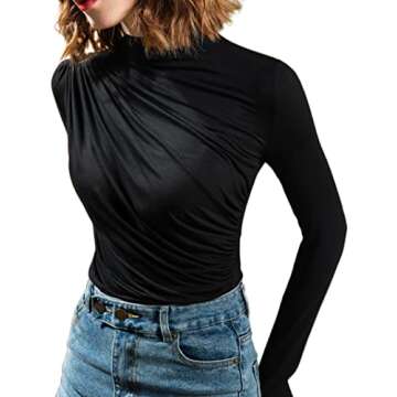 Avanova Women's Ruched Front Long Sleeve Elegant Blouse Top Mock Neck T Shirt Black Medium
