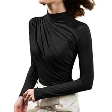 Avanova Women's Ruched Front Long Sleeve Elegant Blouse Top Mock Neck T Shirt Black Medium