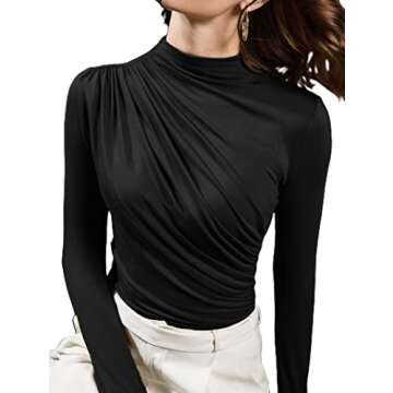 Avanova Women's Ruched Front Long Sleeve Elegant Blouse Top Mock Neck T Shirt Black Medium