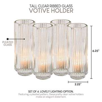 Serene Spaces Living Set of 4 Tall Clear Ribbed Glass Votive Holder, Perfect for Weddings and Home Décor, Measures 6.25" Tall and 2.25" Diameter
