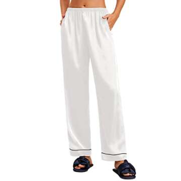 Ekouaer Women's White Pajamas Satin Silk Loungewear Bottoms Long Pjs Pants with Pockets (White,XL)