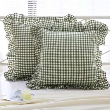 Mywinlle Sage Green Plaid Ruffle Throw Pillow Covers for Couch 20"x20",2 Pack Vintage Checkered Washed Cotton Pillow Cases for Bed, Sofa, Living Room