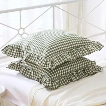 Mywinlle Sage Green Plaid Ruffle Throw Pillow Covers for Couch 20"x20",2 Pack Vintage Checkered Washed Cotton Pillow Cases for Bed, Sofa, Living Room