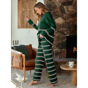 LILLUSORY 2 Piece Outfits for Women 2024 Fall Fashion Oversized Striped Sweaters Sets Cozy Lounge Sets Knit Clothes StripesGreen S