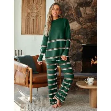 LILLUSORY 2 Piece Outfits for Women 2024 Fall Fashion Oversized Striped Sweaters Sets Cozy Lounge Sets Knit Clothes StripesGreen S