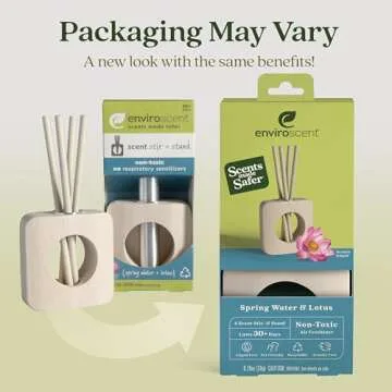 Enviroscent Non-Toxic Air Freshener for Home (Spring Water & Lotus) Essential Oil Diffuser, Air Freshener + Room Freshener Home Fragrance Last Over 30 Days 1 Mango Wood Stand & 1 Scent Stix Refill Kit