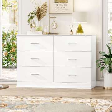 FOTOSOK White Dresser, 47.2'' Large 6 Drawer Dresser Wide Chest of Drawers for TV Stand, Modern Dresser White Floor Storage Drawer Cabinet for Home Office, White