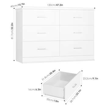 FOTOSOK White Dresser, 47.2'' Large 6 Drawer Dresser Wide Chest of Drawers for TV Stand, Modern Dresser White Floor Storage Drawer Cabinet for Home Office, White