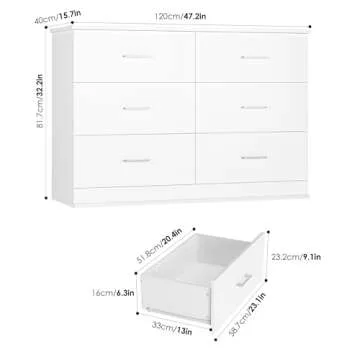 FOTOSOK White Dresser, 47.2'' Large 6 Drawer Dresser Wide Chest of Drawers for TV Stand, Modern Dresser White Floor Storage Drawer Cabinet for Home Office, White