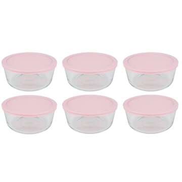 Utensilux Bundle of Small Glass Containers with Lids for Food Storage - Pyrex 1 Cup Glass Bowl, Pack of 6 with Pink Pastel Lids, Microwave Safe, 6 Chalkboard Labels With Chalk Pen