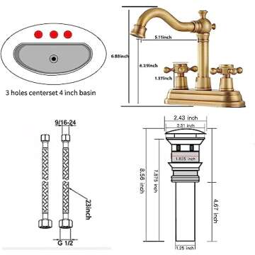GGStudy Bathroom Faucet Antique Brass 2 Handles 4 Inches Centerset RV Bathroom Vanity Faucet with Dr...