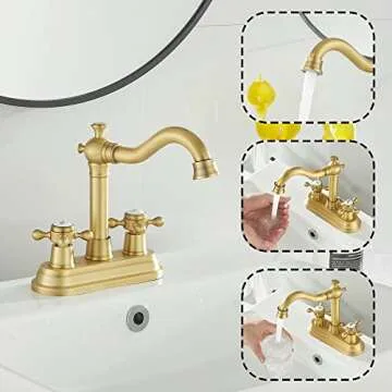 GGStudy Bathroom Faucet Antique Brass 2 Handles 4 Inches Centerset RV Bathroom Vanity Faucet with Drain Assembly and Supply Hose Lavatory Faucet