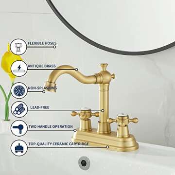 GGStudy Bathroom Faucet Antique Brass 2 Handles 4 Inches Centerset RV Bathroom Vanity Faucet with Drain Assembly and Supply Hose Lavatory Faucet