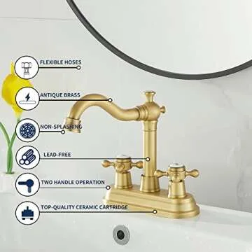 GGStudy Bathroom Faucet Antique Brass 2 Handles 4 Inches Centerset RV Bathroom Vanity Faucet with Drain Assembly and Supply Hose Lavatory Faucet