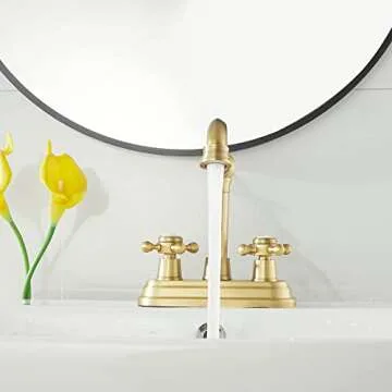 GGStudy Bathroom Faucet Antique Brass 2 Handles 4 Inches Centerset RV Bathroom Vanity Faucet with Drain Assembly and Supply Hose Lavatory Faucet
