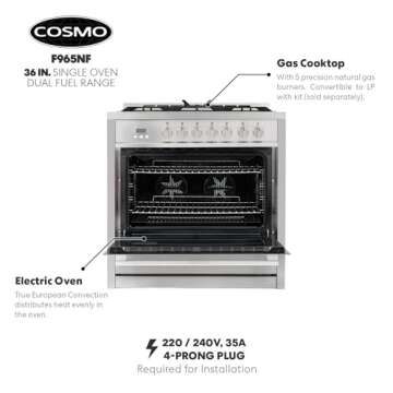 COSMO 36 in. Dual Fuel Range with 5 Burners and Convection Oven