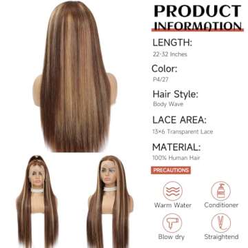 100% Human Hair Ombre Lace Front Wig Human Hair Highlight 13X6 Lace Front Wigs Human Hair Straight Wigs Human Hair Pre Plucked Baby Hair 200% Density Honey Blonde 4/27 Colored Wigs for Women 26 Inch