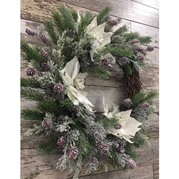 Christmas Wreath with Velvet White Poinsettias, Frosted Greenery, Holiday Wreath with Pinecones and Branches, 25 Inches, Front Porch Wreath, Front Door, Rustic