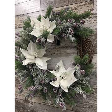 Christmas Wreath with Velvet White Poinsettias, Frosted Greenery, Holiday Wreath with Pinecones and Branches, 25 Inches, Front Porch Wreath, Front Door, Rustic