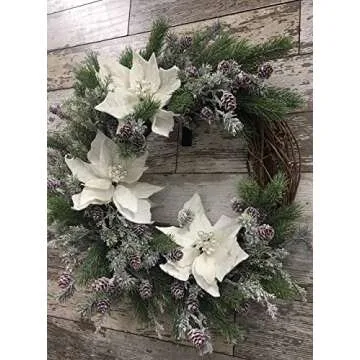 Christmas Wreath with Velvet White Poinsettias, Frosted Greenery, Holiday Wreath with Pinecones and Branches, 25 Inches, Front Porch Wreath, Front Door, Rustic