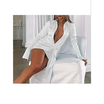 LYANER Women's Satin Button Down Tie Front Mini Dress White