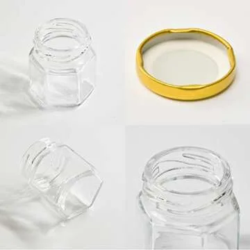 Rormket 1.5oz 6Pack Mini Glass Hexagon honey Jars Gold Lids, Jam Honey Dipper，Wedding Favors，Bab...