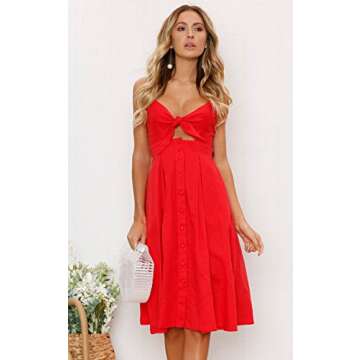 ECOWISH Women 2024 Summer Dresses Tie Front V-Neck Spaghetti Strap Button Down A-Line Backless Swing Midi Dress 572 Red S