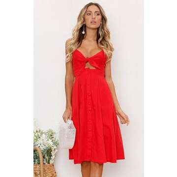 ECOWISH Women 2024 Summer Dresses Tie Front V-Neck Spaghetti Strap Button Down A-Line Backless Swing Midi Dress 572 Red S