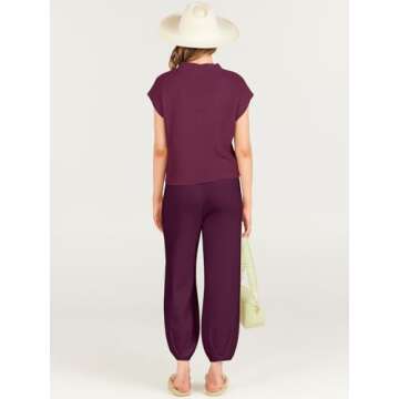 ANRABESS Women's Two Piece Outfits Knit Sweater Vest Crop Top Pants Lounge Matching Tracksuit Sweatsuit Travel Clothes Sets Burgundy Medium
