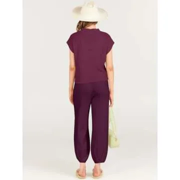 ANRABESS Women's Two Piece Outfits Knit Sweater Vest Crop Top Pants Lounge Matching Tracksuit Sweatsuit Travel Clothes Sets Burgundy Medium