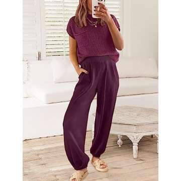 ANRABESS Women's Two Piece Outfits Knit Sweater Vest Crop Top Pants Lounge Matching Tracksuit Sweatsuit Travel Clothes Sets Burgundy Medium