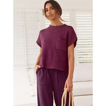 ANRABESS Women's Two Piece Outfits Knit Sweater Vest Crop Top Pants Lounge Matching Tracksuit Sweatsuit Travel Clothes Sets Burgundy Medium