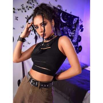 Floerns Women's Cut Out Sleeveless Round Neck Punk Rock Solid Ripped Crop Tank Top Black S