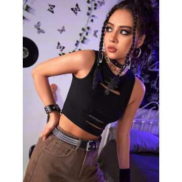 Floerns Women's Cut Out Sleeveless Round Neck Punk Rock Solid Ripped Crop Tank Top Black S