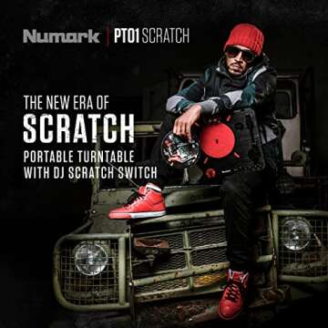 Numark PT01 Scratch | DJ Turntable for Portablists With User Replaceable Scratch Switch, Built In Speaker, Power via Battery or AC Adapter, Three Speed RPM Selection & USB Connectivity