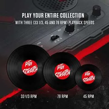 Numark PT01 Scratch | DJ Turntable for Portablists With User Replaceable Scratch Switch, Built In Speaker, Power via Battery or AC Adapter, Three Speed RPM Selection & USB Connectivity