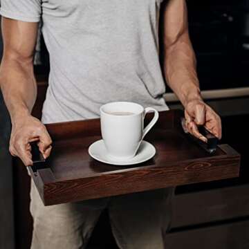 Wooden Serving Tray with Handles, Decorative Rustic Tray for Ottoman and Coffee Table. 16 Inches x 12 Inches x 2 Inches. Wood Tray; Perfect as a Food and Drink Platter (Rectangular, Walnut Brown)