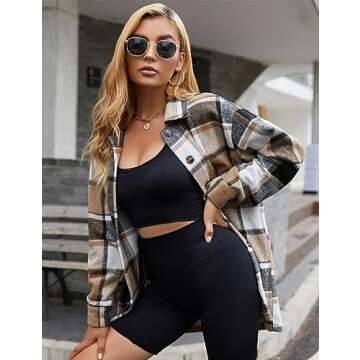 Yeokou Women's Fall Color Block Plaid Flannel Shacket Jacket Button Down Shirt Coat Tops(Khaki-S)