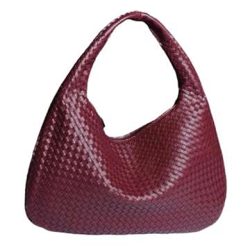 Crystal Co Burgundy Vegan Leather Shoulder Bag for Women Large Woven Burgundy Purse Tote Bag Hobo Travel Handbag Braided Purse