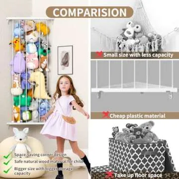 Stuffed Animal Storage Wood Soft Toy Shelf with Adjustable Length Large Corner Plush Toys Holder for...