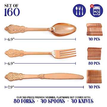 160 Pcs Rose Gold Plastic Silverware Set- 80 Rose Gold Forks, 40 Spoons, 40 Knives, Heavy Duty Dispo...