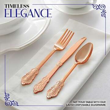 160 Pcs Rose Gold Plastic Silverware Set- 80 Rose Gold Forks, 40 Spoons, 40 Knives, Heavy Duty Disposable Utensils, Heavyweight Cutlery, Elegant Flatware for Dinner Party, Wedding, Holiday Parties