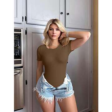 TOB Women's 2 Piece Bodysuits Sexy Ribbed One Piece Short Sleeve Tops Bodysuits Black Coffee