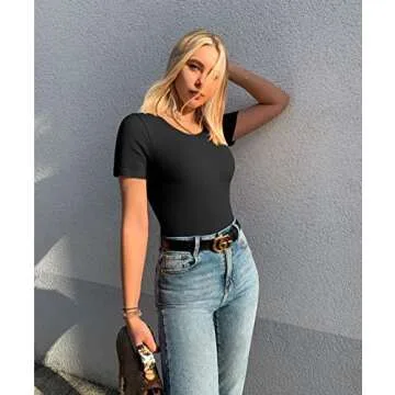 TOB Women's 2 Piece Bodysuits Sexy Ribbed One Piece Short Sleeve Tops Bodysuits Black Coffee