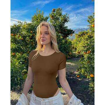 TOB Women's 2 Piece Bodysuits Sexy Ribbed One Piece Short Sleeve Tops Bodysuits Black Coffee