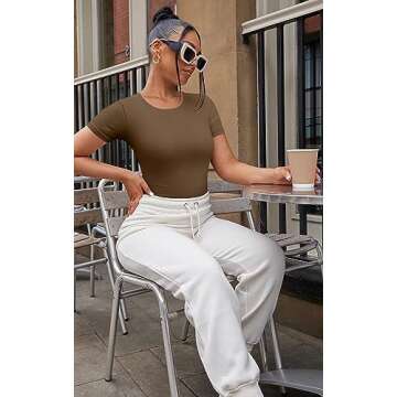 TOB Women's 2 Piece Bodysuits Sexy Ribbed One Piece Short Sleeve Tops Bodysuits Black Coffee